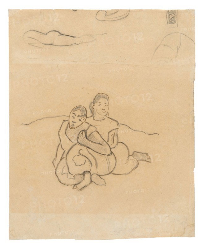 Seated Tahitian Women (related to the painting Nafea faa ipoipo [When Will You Marry?]) and Other Sketches, 1891/93, Paul Gauguin, French, 1848-1903, France, Black fabricated chalk and pen and brown ink (originally purple), with traces of graphite on cream wove paper (removed from a sketchbook), 248 × 200 mm
