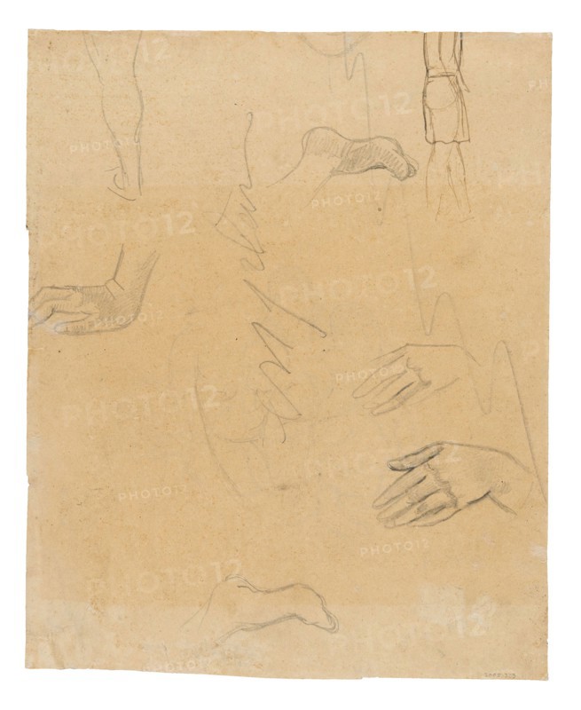 Sketches of Figures, Hands, and Feet (related to the painting Aha oe feii? [What! Are You Jealous?]), 1891/93, Paul Gauguin, French, 1848-1903, France, Black fabricated chalk with pen and brown ink (originally purple) on cream wove paper (removed from a sketchbook), 248 × 200 mm