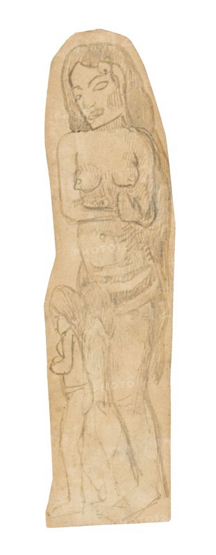 Sketch of Maori Woman and Child, 1891/93, Paul Gauguin, French, 1848-1903, France, Pen and brown ink (originally purple), with touches of graphite on cream wove irregularly shaped paper, discolored to tan (removed from a sketchbook), 163 × 43 mm