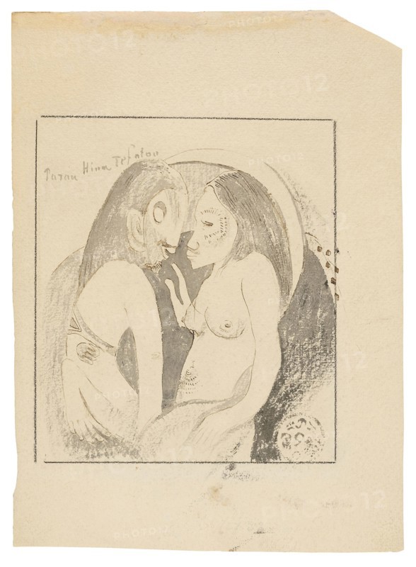 Parau Hina Tefatou (Words between Goddess of the Moon and God of the Earth), 1893/94, Paul Gauguin, French, 1848-1903, France, Brush and gray wash and pen and brown ink (originally purple, est.), with black fabricated chalk, on heavily textured ivory wove paper, 342 × 248 mm