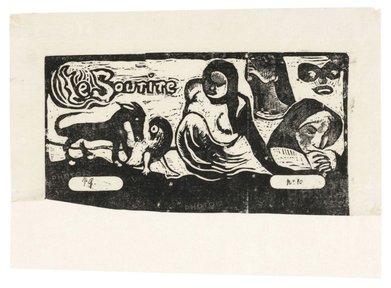 Three People, a Mask, a Fox and a Bird, headpiece for Le sourire, 1899, Paul Gauguin, French, 1848-1903, France, Wood-block print in black ink on thin ivory laid Japanese paper, 100 × 186 mm (image), 127 × 228 mm (sheet)