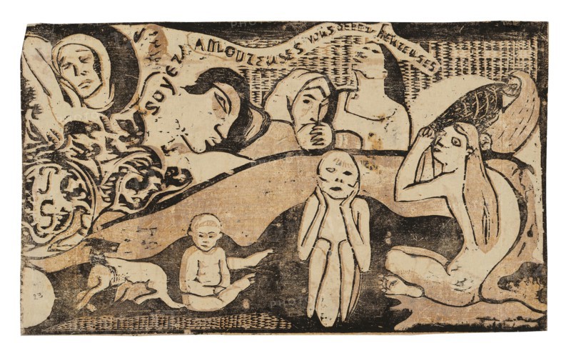 Soyez amoureuses, vous serez heureuses (Love, and You Will Be Happy), from the Suite of Late Wood-Block Prints, 1899, Paul Gauguin, French, 1848-1903, France, Second-state impression laid down on first-state impression, 164 × 276 mm (image), 165 × 276 mm (primary/secondary support)