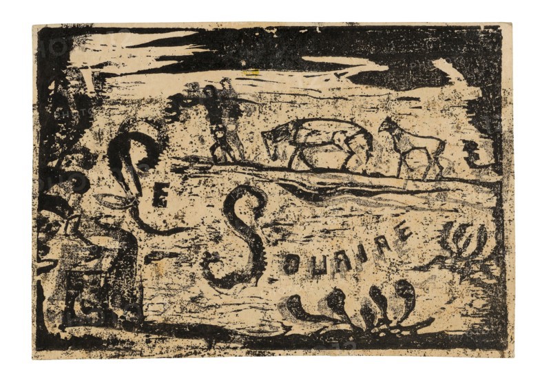 Man Carrying Bananas Followed by Two Horses, headpiece for Le sourire, 1900, Paul Gauguin, French, 1848-1903, France, Wood-block print printed twice in black ink on cream wove paper (an imitation Japanese vellum) (recto), wood-block print in black ink over orange ink tone block, on cream wove paper (an imitation Japanese vellum) (verso), 103 × 149 mm (image), 108 × 154 mm (sheet)