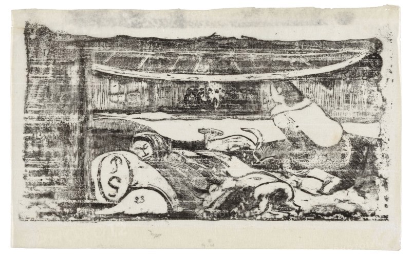Interior of a Tahitian Hut, from the Suite of Late Wood-Block Prints, 1898/99, Paul Gauguin, French, 1848-1903, France, Wood-block print in black ink on thin ivory Japanese paper, 115 × 210 mm (image), 140 × 222 mm (sheet)