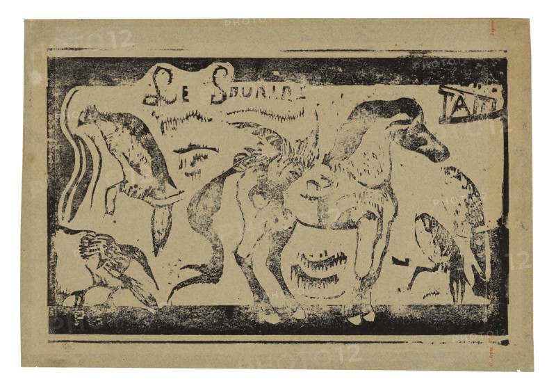 A Horse and Birds, headpiece for Le sourire, 1899, Paul Gauguin, French, 1848-1903, France, Wood-block print in black ink on mottled gray-blue wove paper, laid down on buff wove paper, 142 × 221 mm (image), 168 × 245 mm (sheet)