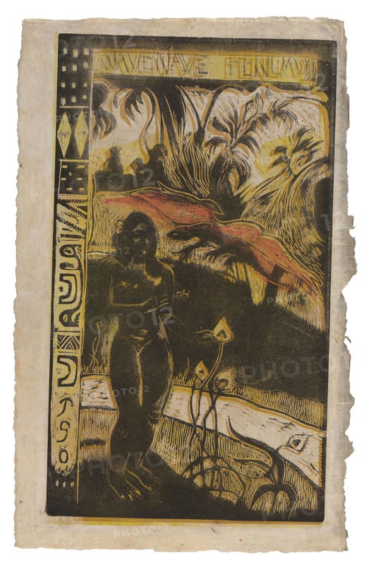 Nave nave fenua (Delightful Land), from the Noa Noa Suite, 1893–94, Paul Gauguin, French, 1848-1903, France, Wood-block print, printed twice in yellow ocher and black inks, over a yellow ink tone block, and stenciled red oil medium, on cream Japanese paper discolored to a grayish tone, 359 × 207 mm (image), 392 × 250 mm (sheet)