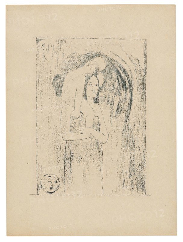 Ia orana Maria (Hail Mary), 1894/95, published Mar. 1895, Paul Gauguin, French, 1848-1903, France, Transfer zincograph on coarse-grained transfer paper, in dark-blue ink on thin ivory wove paper (an imitation Japanese vellum), 380 × 282 mm