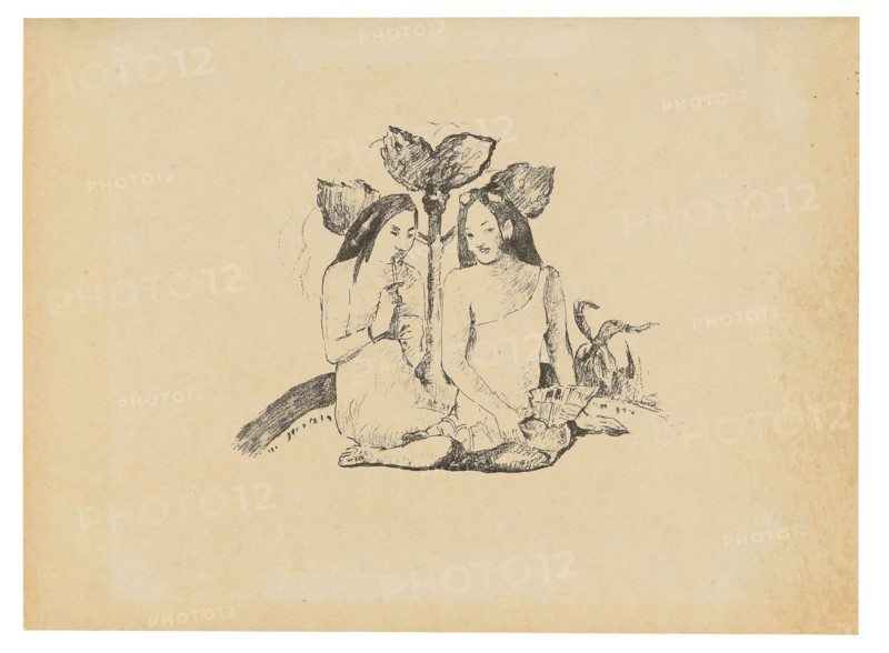 Two Maori Women Squatting Down, 1894/95, published Feb. 3, 1895, Paul Gauguin, French, 1848-1903, France, Zincograph in black ink on cream wove paper, 280 × 380 mm