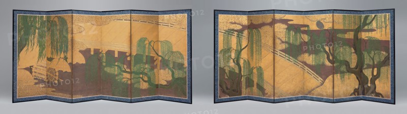 Willow Bridge and Waterwheel, c. 1650, Hasegawa Soya, Japanese, 1590-1667, Japan, Pair of six-panel screens, ink, color, gold, and silver on paper, Each 175 x 376 cm