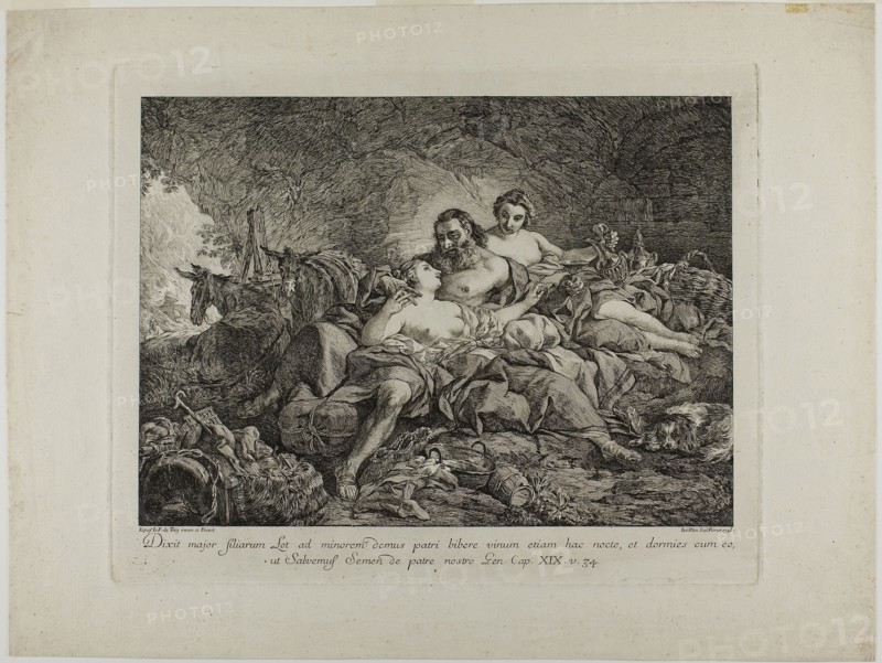 Lot and His Daughters, 1748, Joseph Marie Vien, I (French, 1716-1809), after Jean François de Troy (French, 1679-1752), France, Engraving on ivory laid paper, 274 × 379 mm (image), 330 × 413 mm (plate), 417 × 557 mm (sheet)