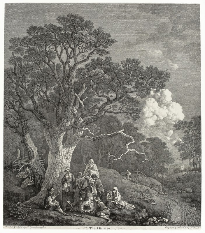 Wooded Landscape with Gypsies Gathered Round a Fire, 1753/54, Thomas Gainsborough, English, 1727-1788, England, Etching on ivory wove paper, 475 × 421 mm (plate), 482 × 421 mm (sheet)