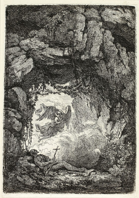 The Death of St. Jerome, 1764, Étienne de Lavallée-Poussin, French, 1735-1802, France, Etching on off-white laid paper, tipped to album sheet, 136 × 96 mm (plate), 139 × 96 mm (sheet)