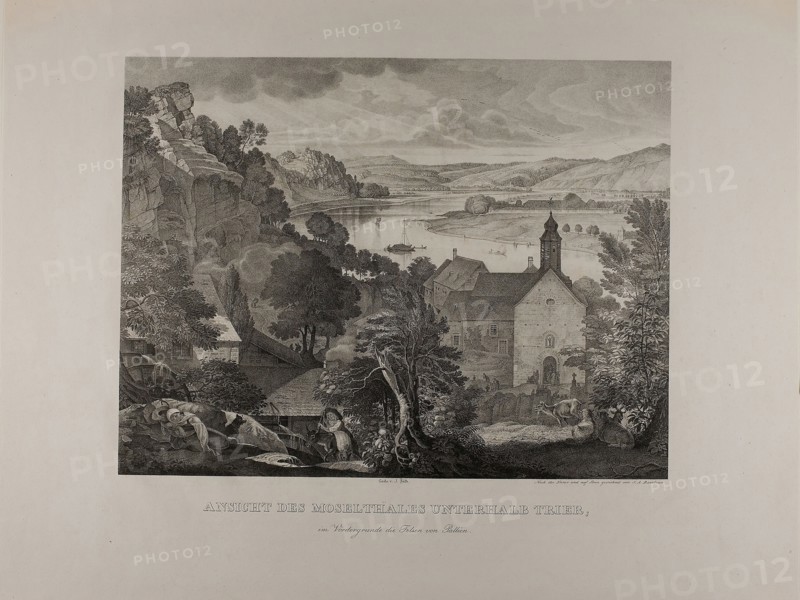 View of the Mosel Valley below Trier with the Rocks of Pallien in the Foreground, 1824/27, Johann Anton Alban Ramboux, German, 1790-1866, Germany, Lithograph on ivory wove paper, 340 x 445 mm (image), 540 x 647 mm (sheet)