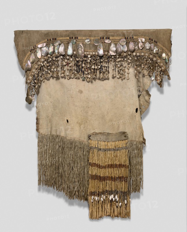 Dance Skirt, 1850/60, Yurok or Hupa, Northern California coast, United States, Northern California, Deer hide, plant fibers, olivella shell, abalone shell, clamshell, glass beads, and brass, 101.6 × 109.2 cm (40 × 43 in.) (folded)