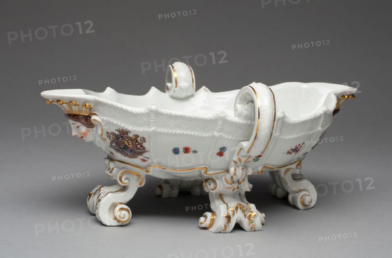 Sauceboat from the Sulkowsky Service, 1735/38, Meissen Porcelain Manufactory, German, founded 1710, Germany, Hard-paste porcelain, polychrome enamels, and gilding, 11.4 × 25.7 × 19.1 cm (4 1/2 × 10 1/8 × 7 1/2 in.)