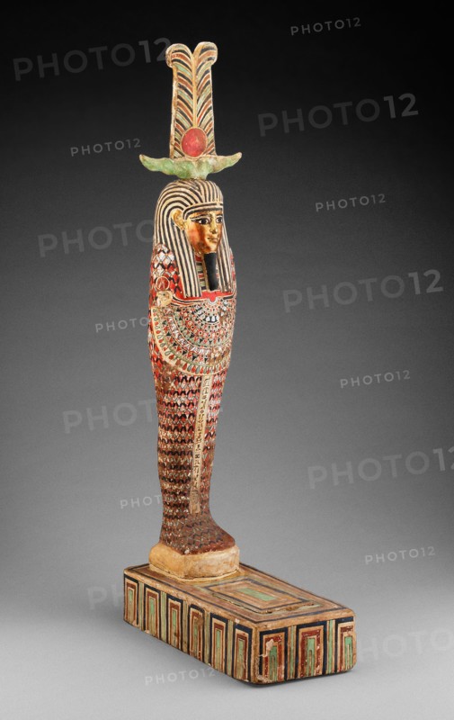 Statue of Ptah-Sokar-Osiris, Ptolemaic Period (332–30 BC), Egyptian, Egypt, Wood, preparation layer, pigment, gold, and textile, 62.9 × 12.7 × 27.3 cm (24 3/4 × 5 × 10 3/4 in.)