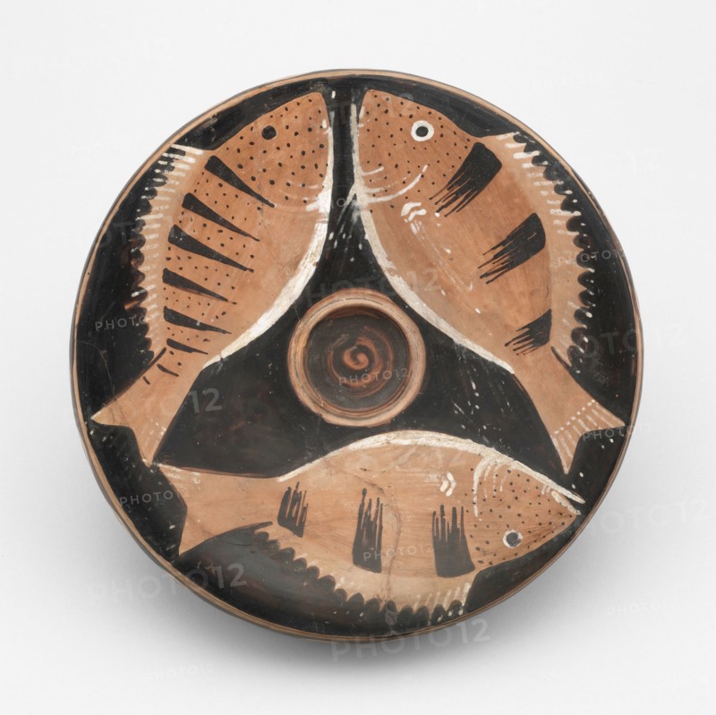 Fish Plate, 350/325 BC, Probably by the Heligoland Painter, Greek, Campania, Italy, Campania, terracotta, decorated in the red-figure technique, 4.9 × 24.6 × 24.6 cm (1 15/16 × 9 5/8 × 9 5/8 in.)
