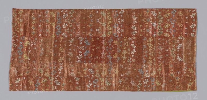 Seating Mat, Meiji period (1868–1912), 1875/1900, Japan, Pieced: 18 fragments of silk and gold-leaf-over-lacquered-paper strip, warp-float faced 4:1 satin weave with weft-float faced 1:2 'z' twill interlacings of secondary binding warp and supplementary patterning wefts, lined with silk, plain weave, 41.7 x 93.7 cm (16 3/8 x 36 7/8 in.)