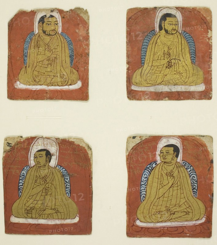 Four Miniature inscribed portraits of four Lamas, 14th century, Tibet, Central Tibet, Central Tibet, Watercolor and gold on paper, Appro×. 3 1/2 × 3 1/4 in.