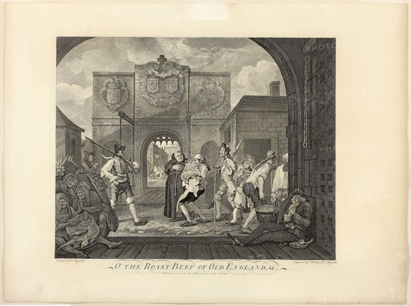 The Roast Beef of Old England, 1748/49, William Hogarth, English, 1697-1764, England, Engraving in black on tan wove paper, 385 × 455 mm (plate), 470 × 629 mm (sheet)