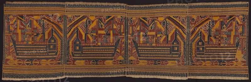 Ceremonial Textile, End of the 19th century, Paminggir people, Indonesia, South Sumatra, Lampung area, Kota Agung (?), Indonesia, Four panels joined, cotton, gilt-metal strip, silvered-paper-strip wrapped silk, plain weave with supplementary patterning and brocading wefts, stitched together with pineapple fiber, 75.2 x 240.7 cm (29 5/8 x 94 3/4 in.)