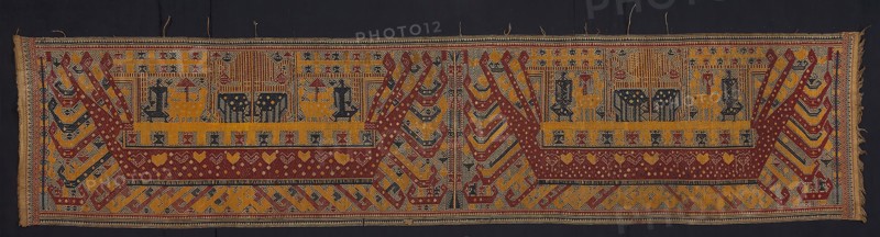 Ceremonial Hanging (palepai), 19th century, Paminggir people, Indonesia, South Sumatra, Lampung area, Kalianda, Indonesia, Cotton, silk, and silver-leaf-over-lacquered-paper-strip-wrapped bast fiber (probably ramie), plain weave with supplementary patterning and brocading wefts, main warp fringe, 290.2 × 66 cm (114 1/4 × 26 in.)