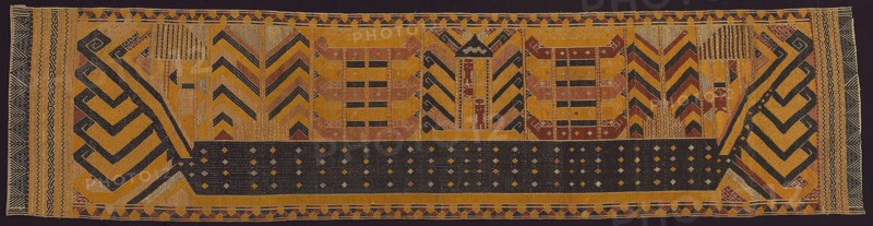 Ceremonial Hanging (palepai), 19th century, Indonesia, Sumatra, Lampung area, Sumatra, Cotton, silk, gold-leaf-over-lacquered-paper strip wrapped bast fiber (probably ramie), and silver-leaf-over-lacquered-paper strip wrapped cotton, plain weave with supplementary brocading wefts, 246.3 x 60.8 cm (97 x 23 7/8 in.)