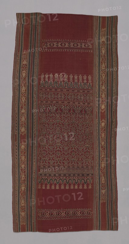 Ceremonial Cloth (Pua sungkit), 19th century, Iban, Indonesia, Borneo, Sarawak, Indonesia, Three panels joined: Side panels: cotton, stripes of plain weave and of warp resist dyed (warp ikat) plain weave, Center panel: cotton,  plain weave with supplementary patterning and brocading and twining wefts and supplementary wrapping elements, 218.4 x 104.8 cm (86 x 41 1/4 in.)