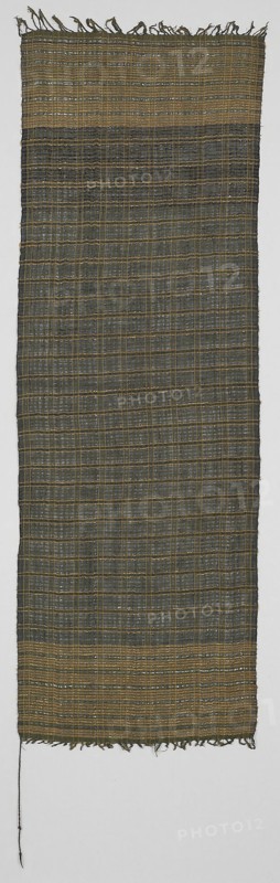 Ceremonial Textiles, 19th century, Indonesia, Bali, Buleleng, Bali, a: Cotton and gold-leaf-on-paper-strip-wrapped bast fiber (probably ramie), bands of plain weave, knotted main warp fringe, a: 154.6 × 50.8 cm (60 7/8 × 20 in.)