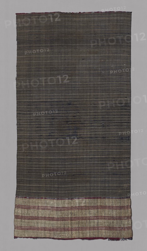Ceremonial Textile, 19th century, Indonesia, Bali, Buleleng, Bali, Cotton, silk, and gold-leaf-over-lacquered-paper-strip-wrapped bast fiber (probably ramie), bands of plain weave, main warp fringe, 144.4 × 74.3 cm (56 7/8 × 29 1/4 in.)
