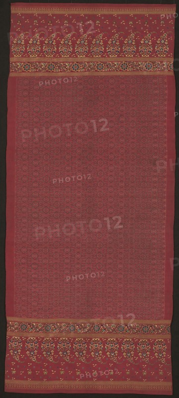 Shoulder Cloth (selendang limar), End of the 19th century, Indonesia, South Sumatra, Palembang area, Indonesia, Silk and gold-leaf-over-lacquered-paper-strip-wrapped silk, weft resist dyed (weft ikat), plain weave with supplementary patterning wefts, embroidered with silk in satin, single satin, and stem stitches, embellished with gold spangles, 208 x 90 cm (81 7/8 x 35 3/8 in.)