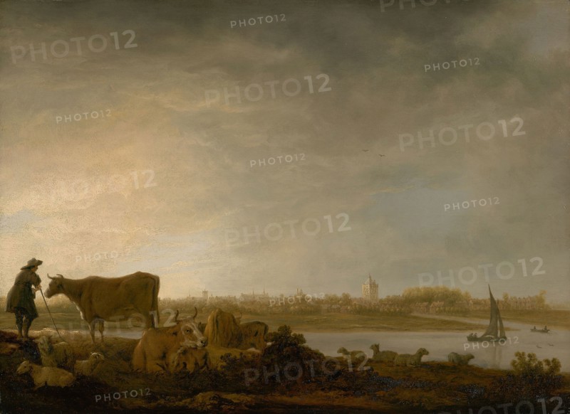 A View of Vianen with a Herdsman and Cattle by a River, c. 1643/45, Aelbert Cuyp, Dutch, 1621–1691, Dordrecht, Oil on panel, 15 3/4 × 21 5/8 in. (40 × 55 cm)