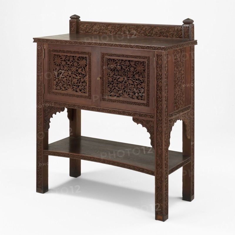 Server, c. 1880/90, Designed by Lockwood de Forest, American, 1850–1932, Designed and assembled in New York, Wood carved in Ahmedabad, India, New York City, Carved teakwood, ash or oak, 119.4 × 48.3 × 99.7 cm (47 × 19 × 39 1/4 in.)