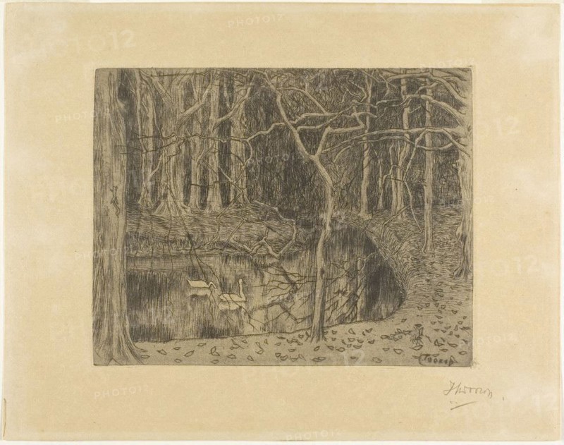 Woodland with a Pond and Swans, 1897, Jan Toorop, Dutch, 1858-1928, Holland, Drypoint on cream vellum paper, 158 x 201 mm (plate), 232 x 294 mm (sheet)