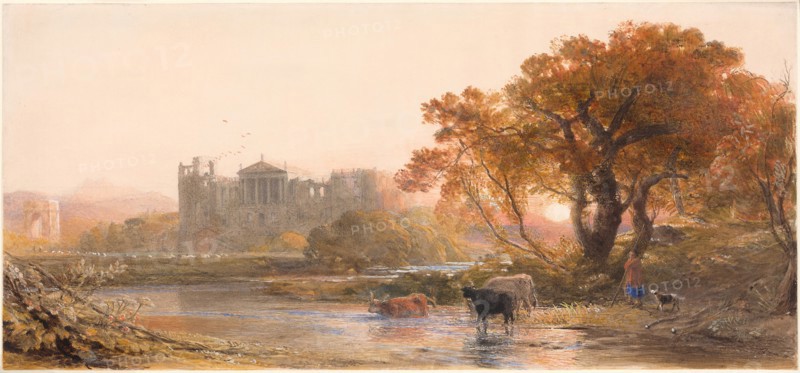 Evening in Italy—the Deserted Villa, 1845, Samuel Palmer, English, 1805-1881, United Kingdom, Watercolor, with traces of shell gold, over graphite on cream wove paper, perimeter mounted to cream wove card, 190 x 412 mm