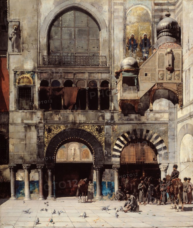 Circassian Cavalry Awaiting their Commanding Officer at the Door of a Byzantine Monument, Memory of the Orient, 1880, Alberto Pasini, Italian, 1826-1899, Italy, Oil on canvas, 25 1/2 × 21 1/2 in. (64.7 × 54.6 cm)
