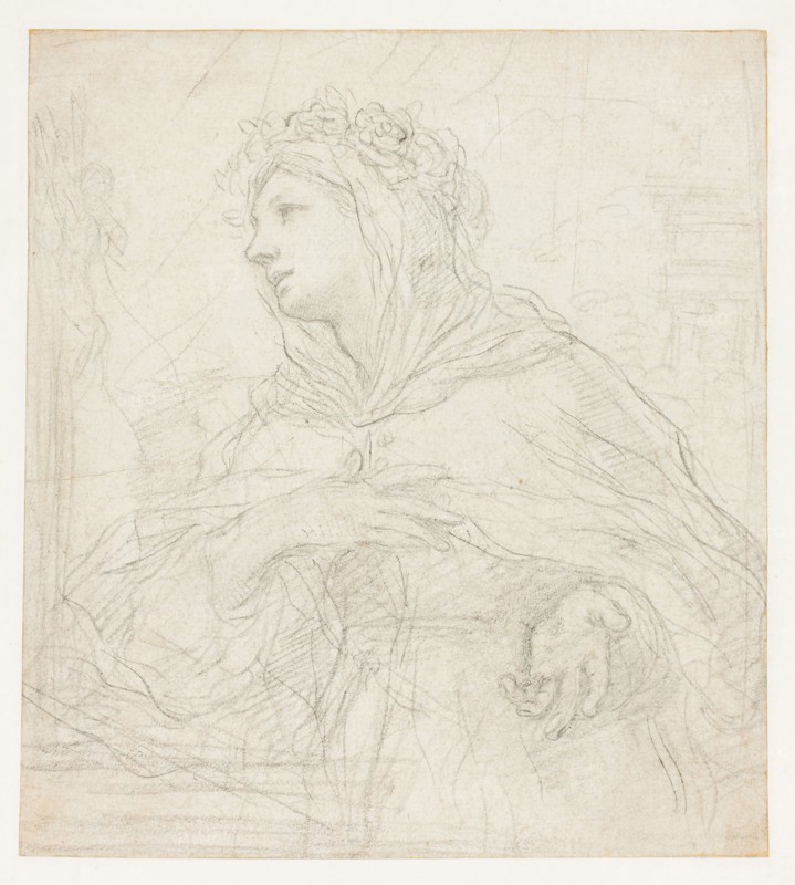 Study of Santa Rosalia of Palermo, 1659/64, Ciro Ferri (Italian, 1634-1689), influenced by Baldassare Franceschini, called Il Volterrano (Italian, 1611-1690), Italy, Black chalk with smudging on ivory laid paper, 204 x 185 mm
