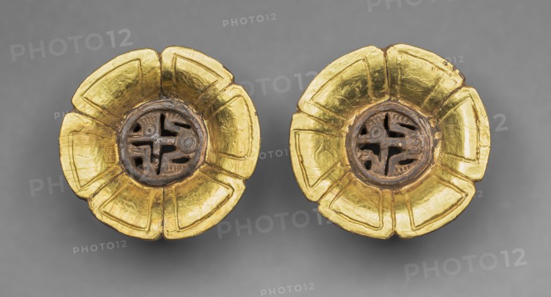 Flower-Shaped Ear Ornaments, 1400/1500, Aztec (Mexica), Tenochtitlan, Mexico, Mexico, Ceramic and gold foil, Each 5.7 × 2.9 cm (2 1/4 × 1 1/8 in.)
