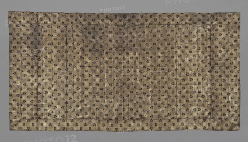 Kesa, late Edo period (1789–1868), 1801/44, Japan, Silk and gold-leaf-over-lacquered-paper strip, warp-float faced 2:1 ‘Z’ twill weave with weft-float faced 1:2 ‘Z' twill interlacings of secondary binding warps and supplementary patterning wefts,  lined with silk, plain weave, 110.8 x 214.9 cm (43 5/8 x 84 5/8 in.)