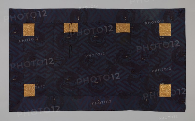 Kesa, late Edo period (1789–1868), c. 1850, Japan, Hiri, yô, jô: Silk and gold-leaf-over-lacquered-paper-strip wrapped silk, warp-float faced 2:1 'Z' twill weave with plain interlacings of secondary binding warps and supplementary patterning and brocading wefts, shiten and niten: Silk and gold-leaf-over-lacquered-paper-strip, warp-float faced 2:1 'Z' twill weave with weft-float faced 1:2 twill interlacings of secondary binding warps and supplementary patterning wefts, lining: silk, 4:1 satin damask weave, stenciled, resist-dyed and painted (tsutugaki-zome), interlining: cotton, plain weave, 189.3 x 109.9 cm (74 1/2  x 43 1/4 in.)