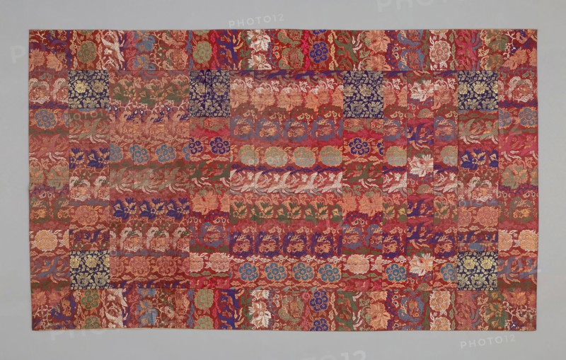 Kesa, late Edo period (1789–1868)/ Meiji period (1868–1912), 1850/90, Japan, Heri, yô, and jô: silk, cotton and gold-leaf-over-lacquered paper strip, twill weave with twill interlacings of secondary binding warps and supplementary patterning wefts, shiten and niten: silk, cotton and gold-leaf-over-lacquered paper strip, twill weave with twill interlacings of secondary binding warps and supplementary patterning wefts, cords: silk, twill oblique interlacing, lining: cotton, weft-faced mixed twill weave self-patterned by main warp and ground weft floats, 114.2 x 193.3 cm (44 15/16 x 76 1/8 in.)
