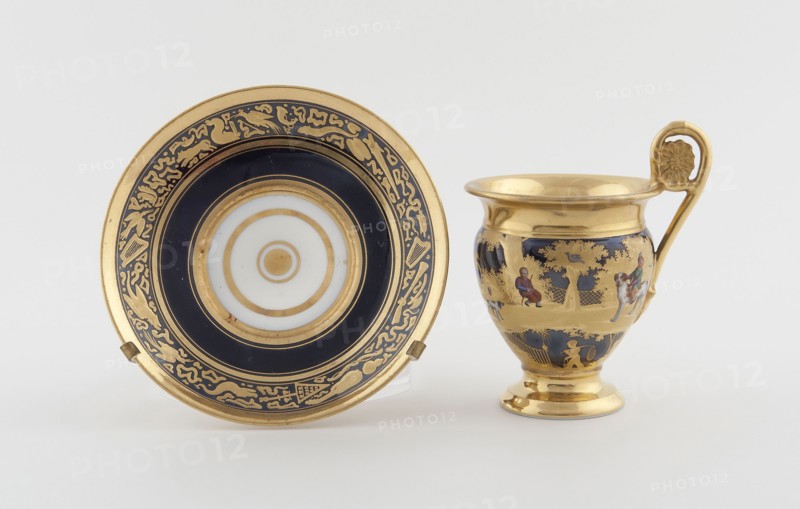 Cup and Saucer, c. 1820, Denuelle Porcelain Manufactory (French, 1818-1829), France, Paris, Paris, Hard-paste porcelain, polychrome enamels, and gilding, Cup: 11 cm (4 5/16 in.), Saucer: 13.5 cm (5 5/16 in.)
