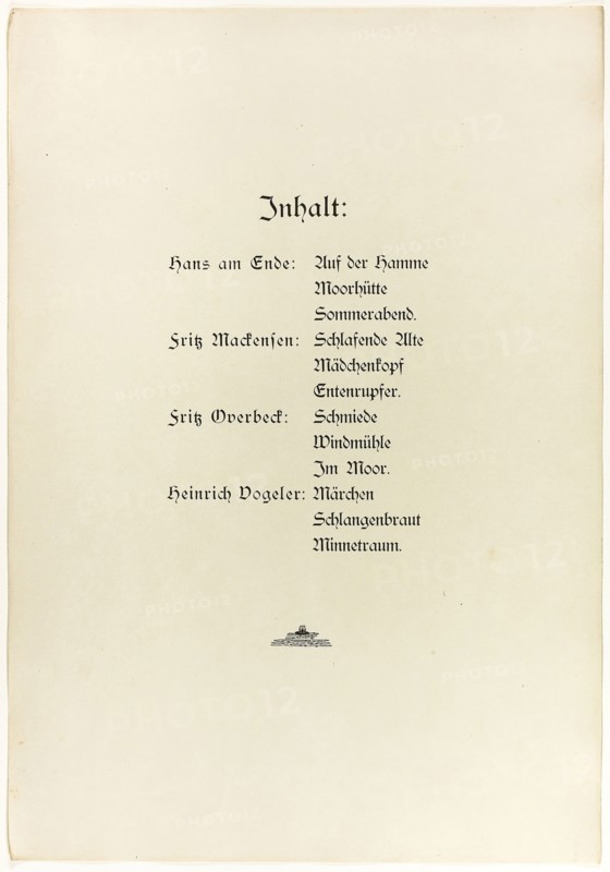 Portfolio, title page and colophon for Vom Weyerberg, 1895, Heinrich Vogeler (German, 1872-1942), Fritz Mackensen (German, 1866-1953), Fritz Overbeck (German, 1869-1909), Hans Ende (German, 1864-1918), Germany, Cloth portfolio cover, title page with etching on cream wove paper (by Vogeler) and letterpress, and colophon page with letterpress, 527 × 367 mm