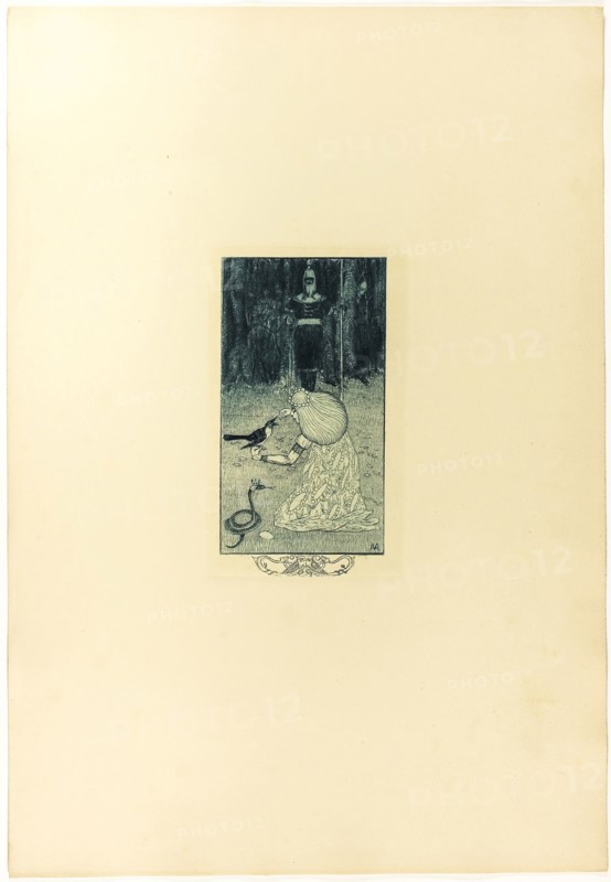 The Snake Bride, 1895, Heinrich Johann Vogeler, German, 1872- 1942, Germany, Etching with blue ink on cream wove paper, 186 × 95 mm (image), 193 × 113 mm (plate), 510 × 350 mm (paper)