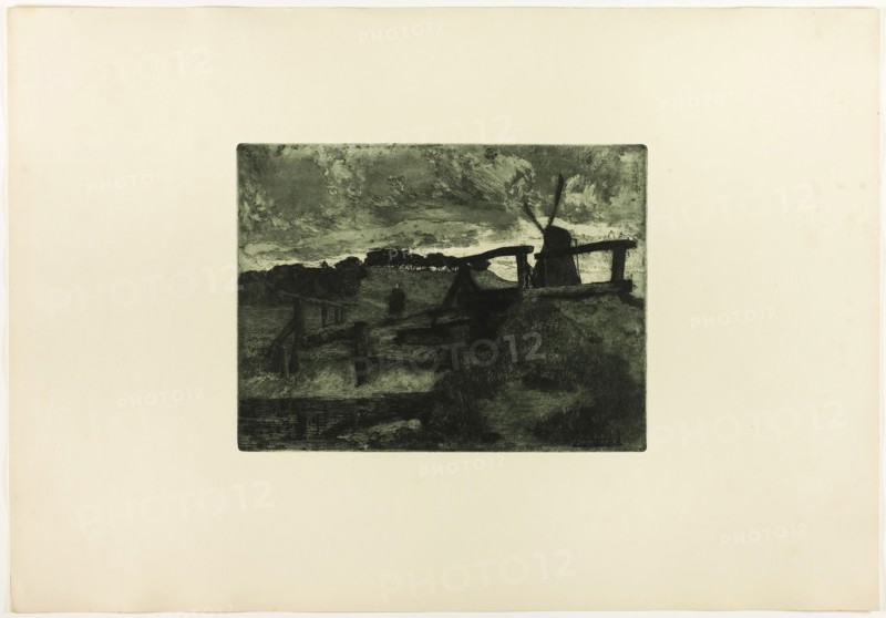 Windmill, 1895, Fritz Overbeck, German, 1869-1909, Germany, Etching with dark green ink on cream wove paper, 179 × 238 mm (plate), 351 × 507 mm (sheet)