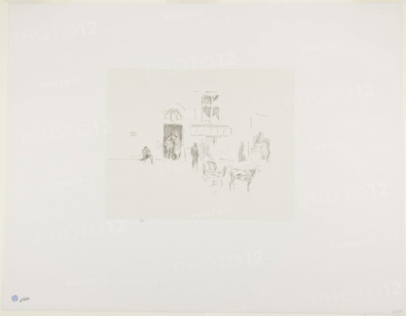 Gaiety Stage Door, 1879, published 1887, James McNeill Whistler, American, 1834-1903, United States, Transfer lithograph in black with scraping, on cream chine, laid down on off-white plate paper, 123 x 195 mm (image), 182 x 226 mm (primary support), 374 x 478 mm (secondary support)