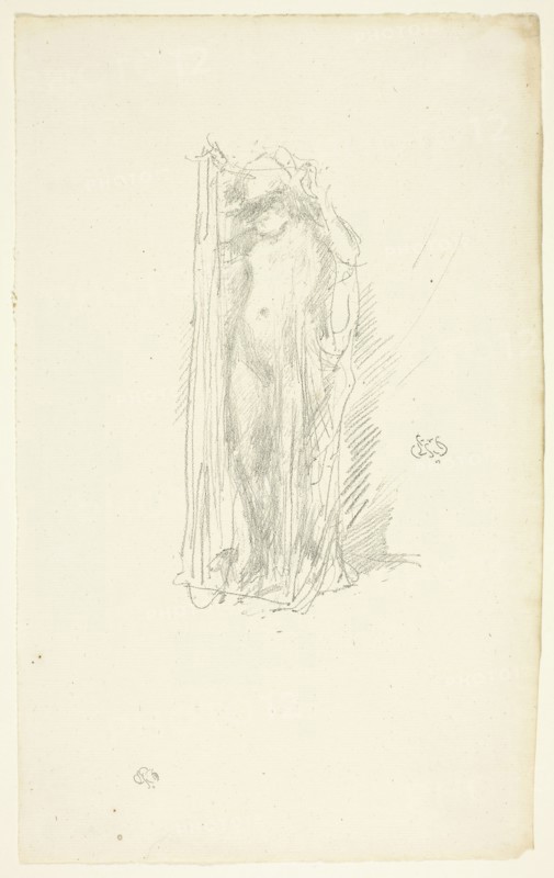 Model Draping, probably 1889, James McNeill Whistler, American, 1834-1903, United States, Transfer lithograph in black on cream laid paper, 196 x 112 mm (image), 331 x 206 mm (sheet)
