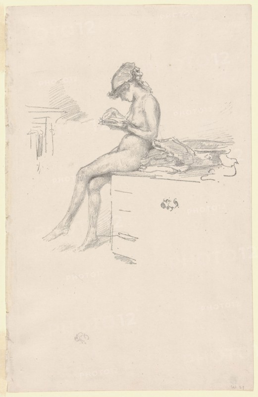 The Little Nude Model, Reading, 1889/90, James McNeill Whistler, American, 1834-1903, United States, Transfer lithograph in black on ivory laid paper, 167 x 179 mm (image), 320 x 205 mm (sheet)