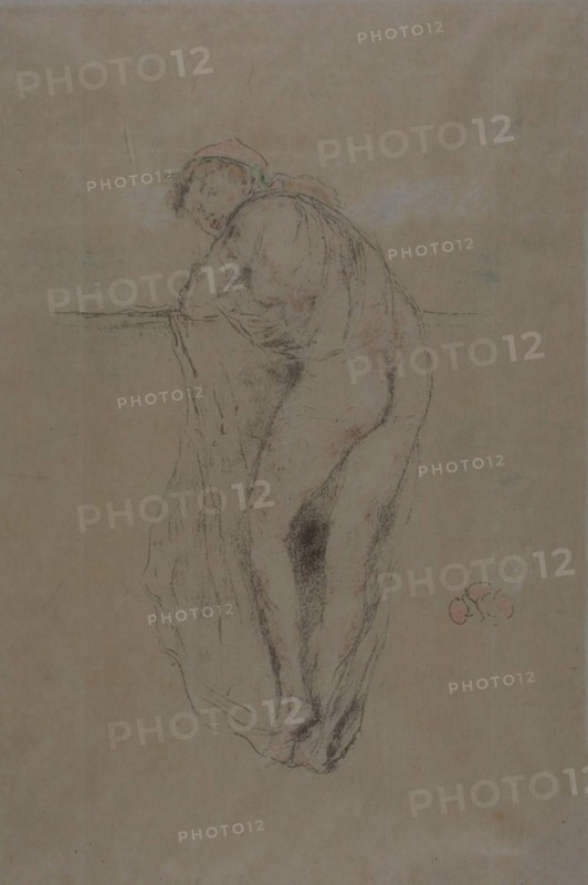 Nude Model, Back View, 1891, James McNeill Whistler, American, 1834-1903, United States, Transfer lithograph in brownish-gray (keystone), green, blue-green, rose, orange-red, ochre, pale ochre, dark brown, pale gray-brown, and brown-red inks, on cream Japanese gampi paper, laid down on cream wove paper, 183 x 162 mm (image), 255 x 170 mm (sheet)