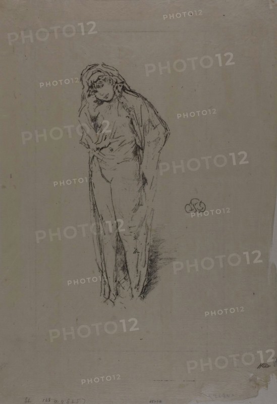 Draped Figure, Standing, 1891, James McNeill Whistler, American, 1834-1903, United States, Transfer lithograph in black on cream Japanese gampi paper hinged at top margin to cream laid Japanese paper, 219 x 112 mm (image), 368 x 255 mm (primary support), 400 x 290 mm (secondary support)